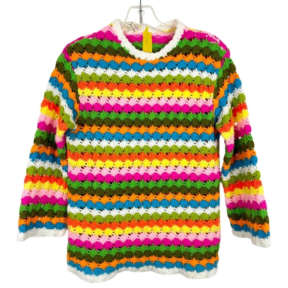 VINTAGE Grannycore Crochet Blanket Style Crew Neck Sweater Bright Rainbow Size M